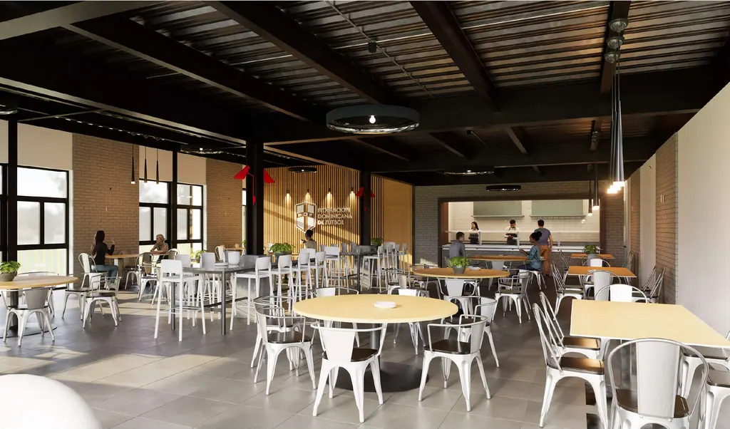 Render del comedor del centro, con mesas y la zona de servicio