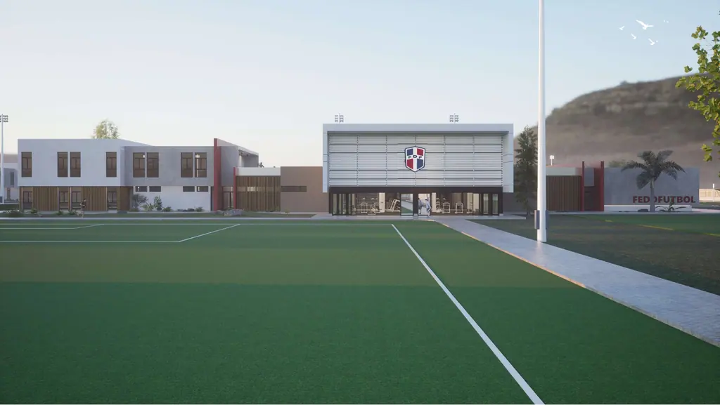 Render del complejo con un campo de fútbol en primer plano y el escudo de FEDOFÚTBOL