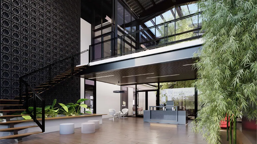 Render del lobby a doble altura con la escalera y el muro vegetal